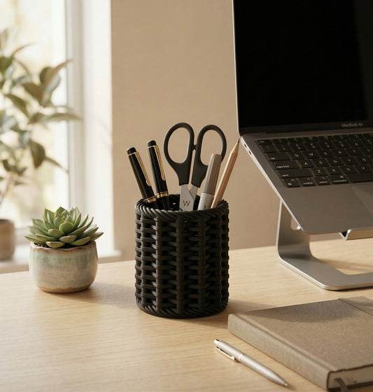 Woven-Texture Desk Organizer – Deep Matte Black